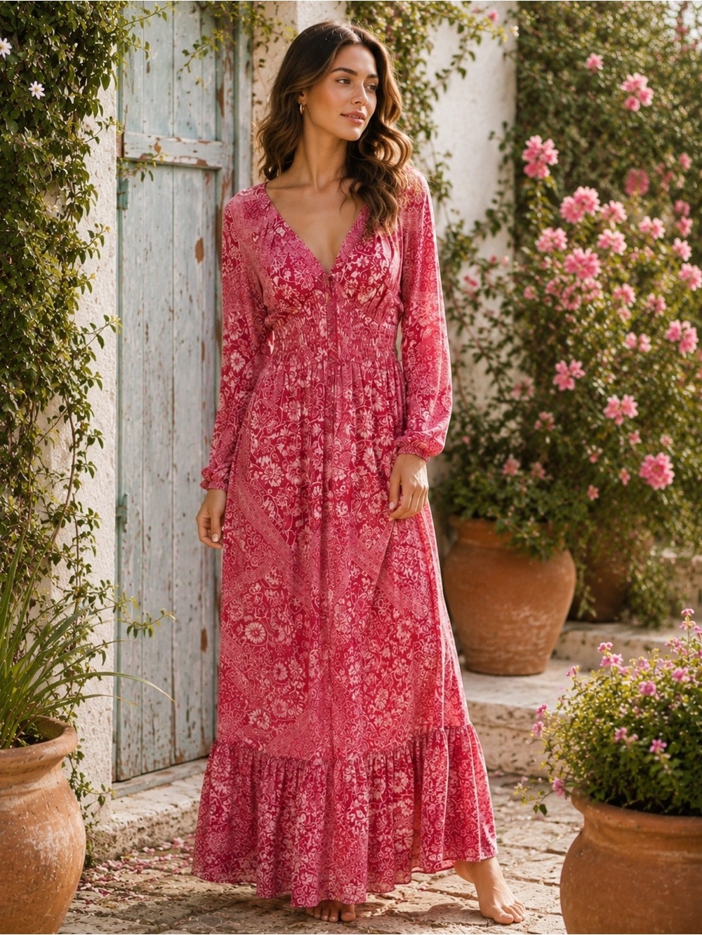 Japna Pink Paisley Floral Maxi Dress with Smocked Waist Prairie